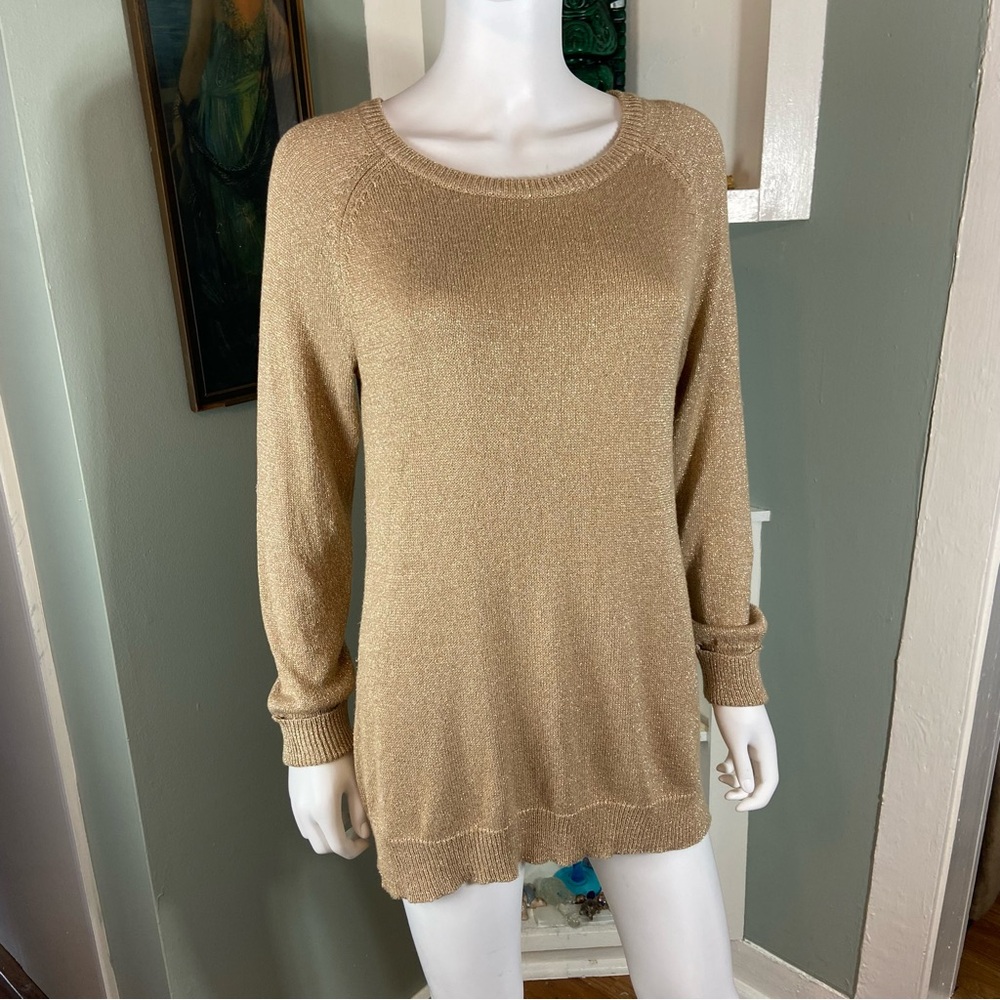 3/$12 Cupio Metallic Gold Sparkle Glitter Beige Tan Sweater Large L